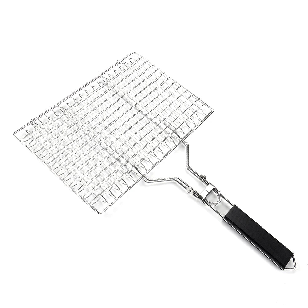 BBQ Grilling Basket Folding Outdoor Camping BBQ Rack with Detachable Handle 8.6*12.6 Inch for Fish Vegetables Steak Shrimp Chops - Cooky Kitchenware