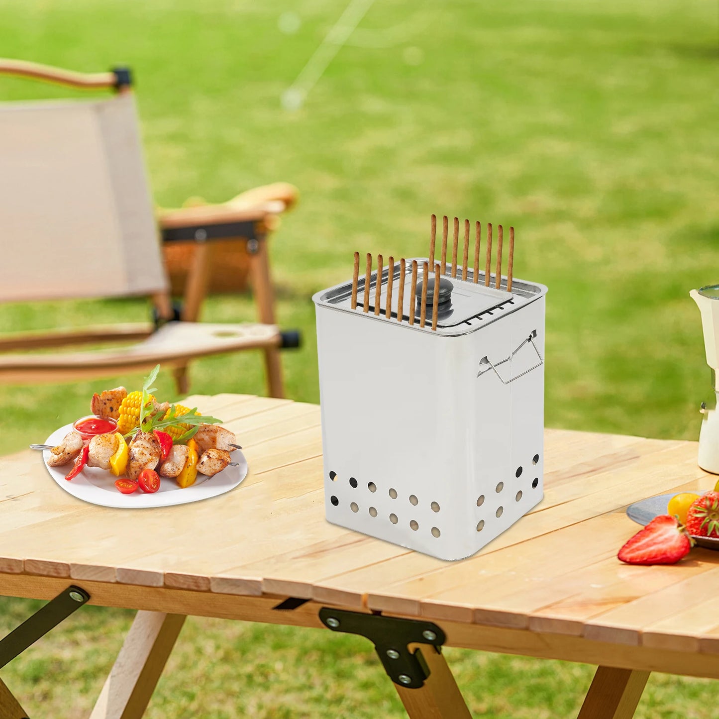 Portable Square BBQ Skewer Grill - 26 Skewers Capacity Stainless Steel Hanging Grill for Outdoor Cooking(9.4x7.09x11.8in,Silver) - Cooky Kitchenware
