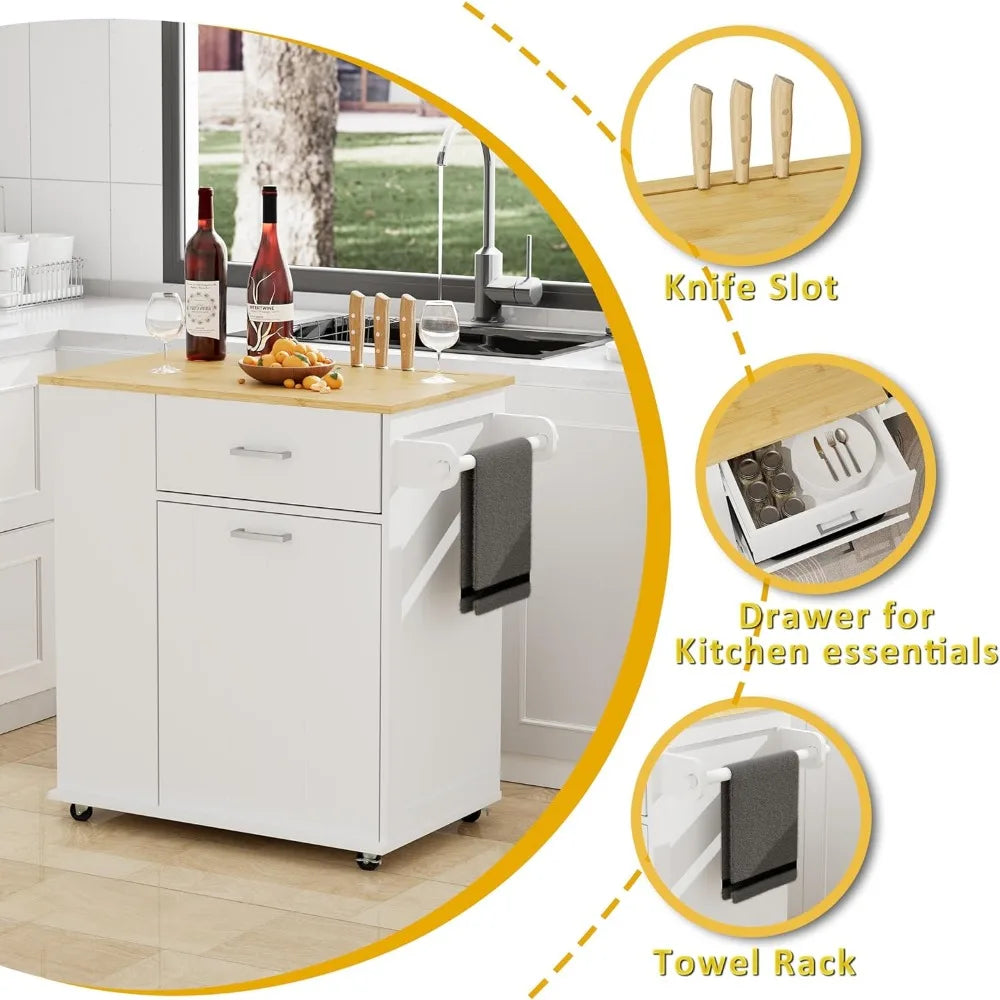 Mobile Kitchen Island with Built-in Trash Bin, Towel Holder, and Spice Storage - Cooky Kitchenware
