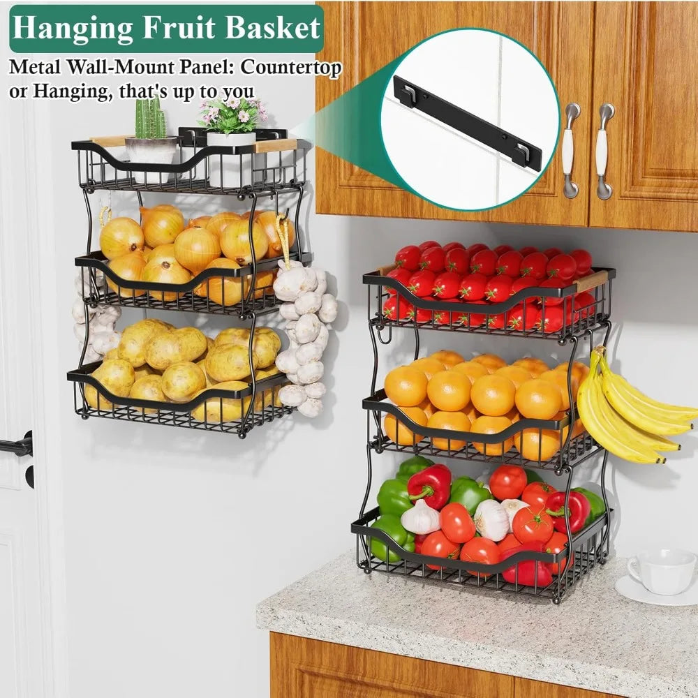 3-Tier Fruit Basket for Kitchen Counter, Wall-Hanging Fruit Bowl and Kitchen Countertop Organizer with 2 Banana Hooks, Fruit Sto - Cooky Kitchenware