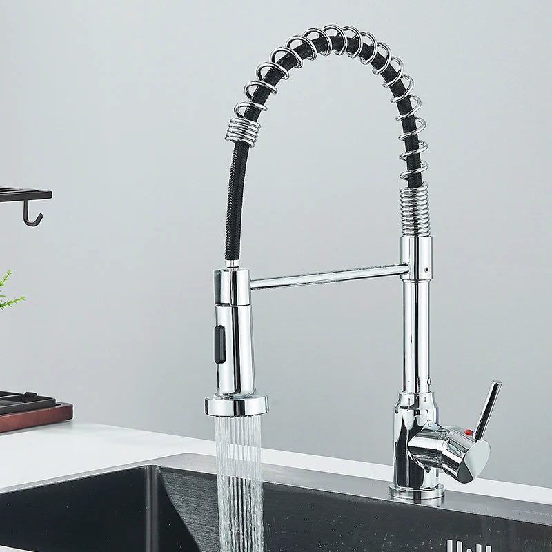 Spring Pull Down Kitchen Faucets Stream Spray Head Hot Cold Water Tap Stainless steel Rotation Kitchen Mixer Tap Crane