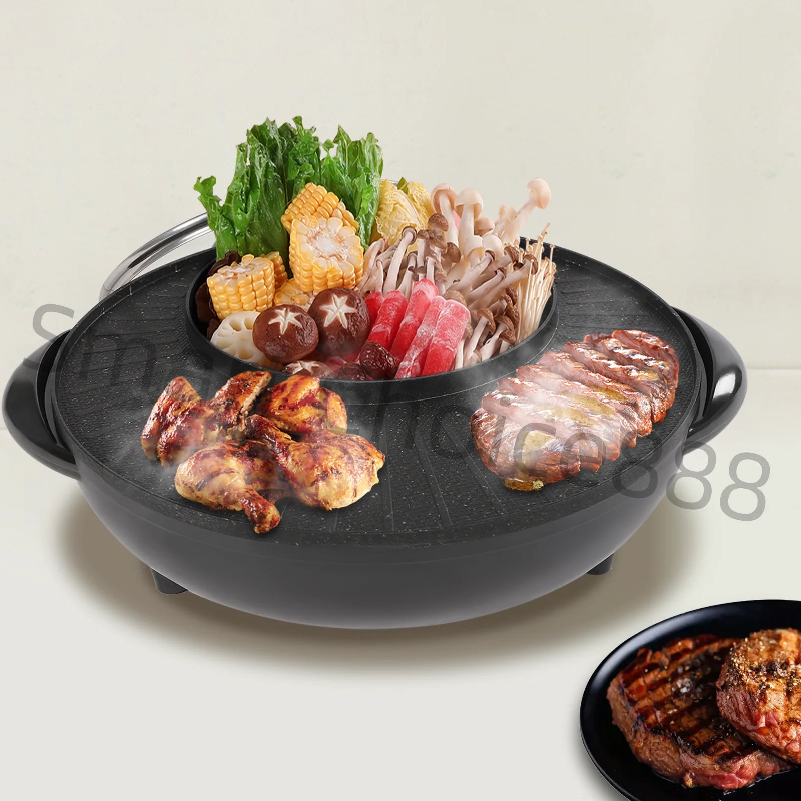 Electric Grill with Hot Pot Portable Round Barbecue Griddle Cookware Non Stick 2 in 1 Korean BBQ for Indoor Outdoor Camping - Cooky Kitchenware
