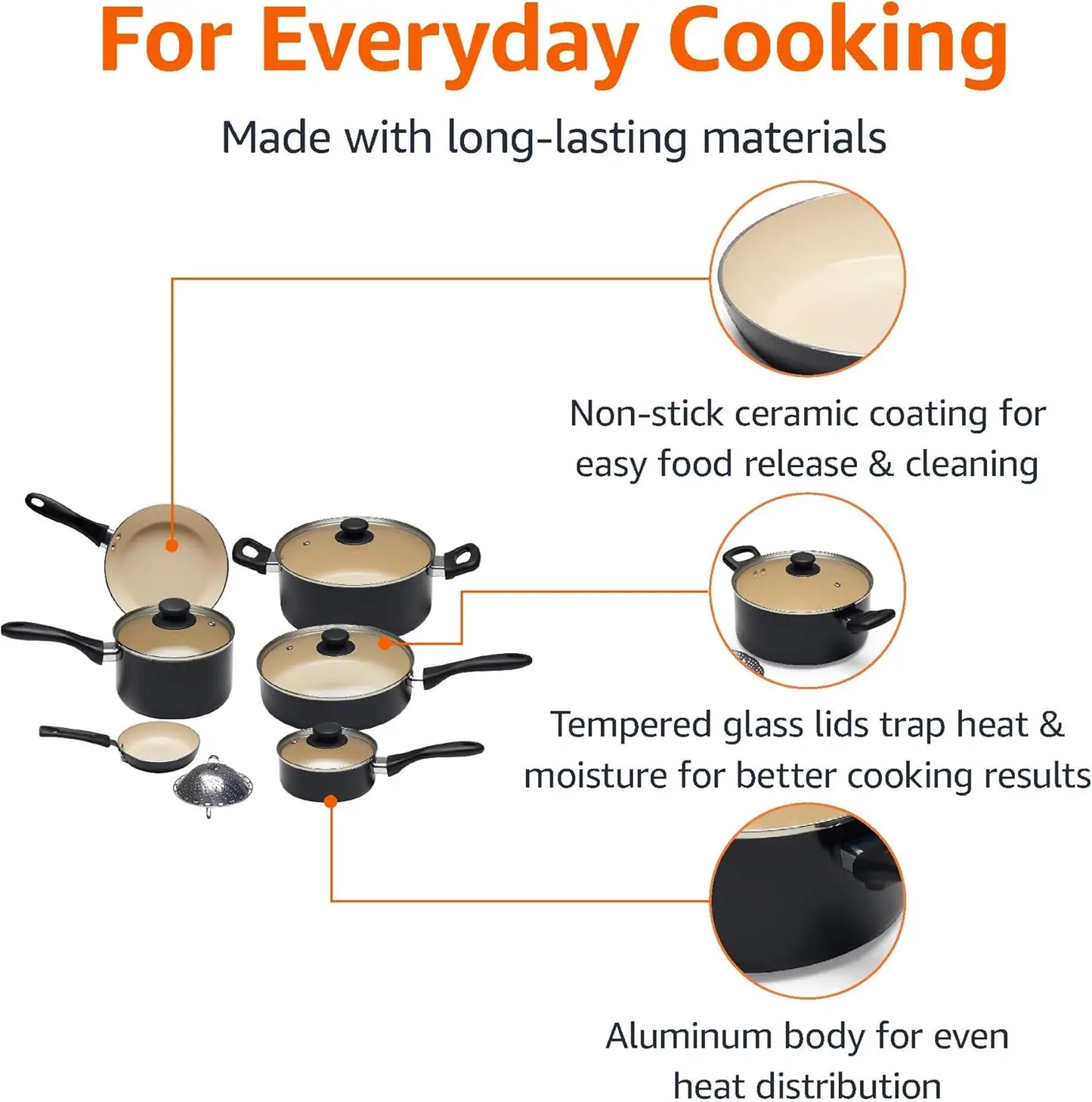 Ceramic Nonstick Pots and Pans 11 Piece Cookware Set, made without PFOA & PTFE, Black/Cream - Cooky Kitchenware
