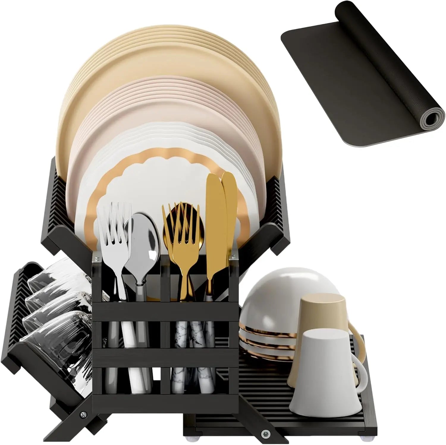 Teak Dish Drying Rack with Utensil Holder, 3 Tier Collapsible Dish Rack, Wooden Dish Racks for Kitchen Counter - Cooky Kitchenware