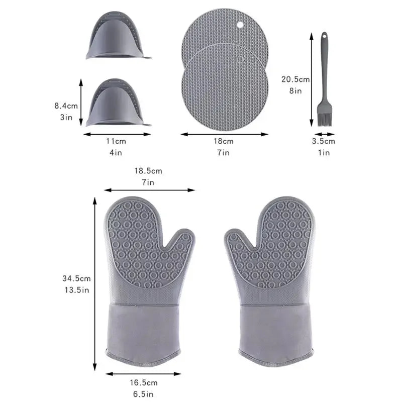 7Pcs/set Microwave Gloves Heat Insulation Silicone Baking Gloves Oven Mitt Pot Holder Nonslip Grilling Pad Hand Clip For Kitchen - Cooky Kitchenware