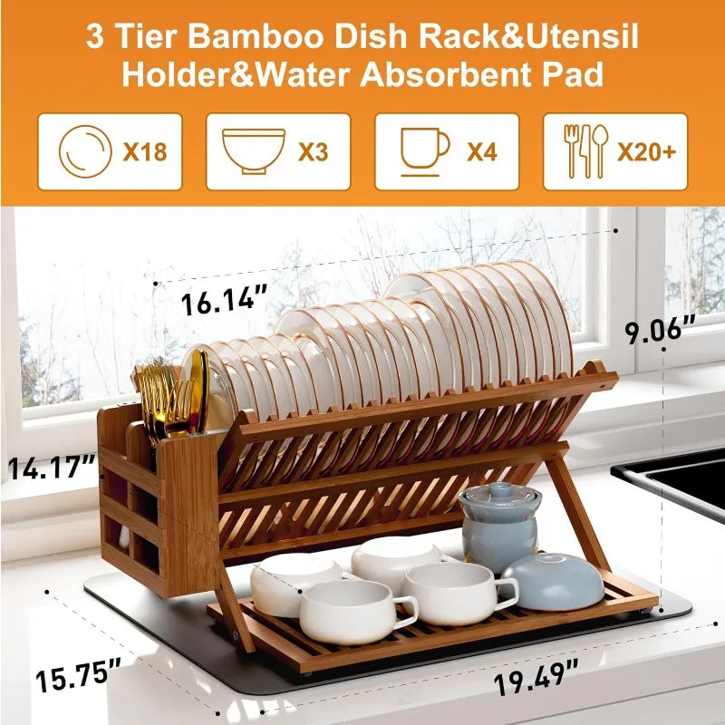 Teak Dish Drying Rack with Utensil Holder, 3 Tier Collapsible Dish Rack, Wooden Dish Racks for Kitchen Counter - Cooky Kitchenware