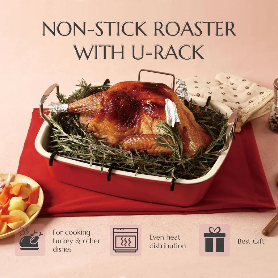 Turkey Roasting Pan with Rack UShaped Large 17.3 x 14.6 Inch Nonstick Roaster Pan for 25 lb Turkey or Chicken Deep Oven Tray 0.