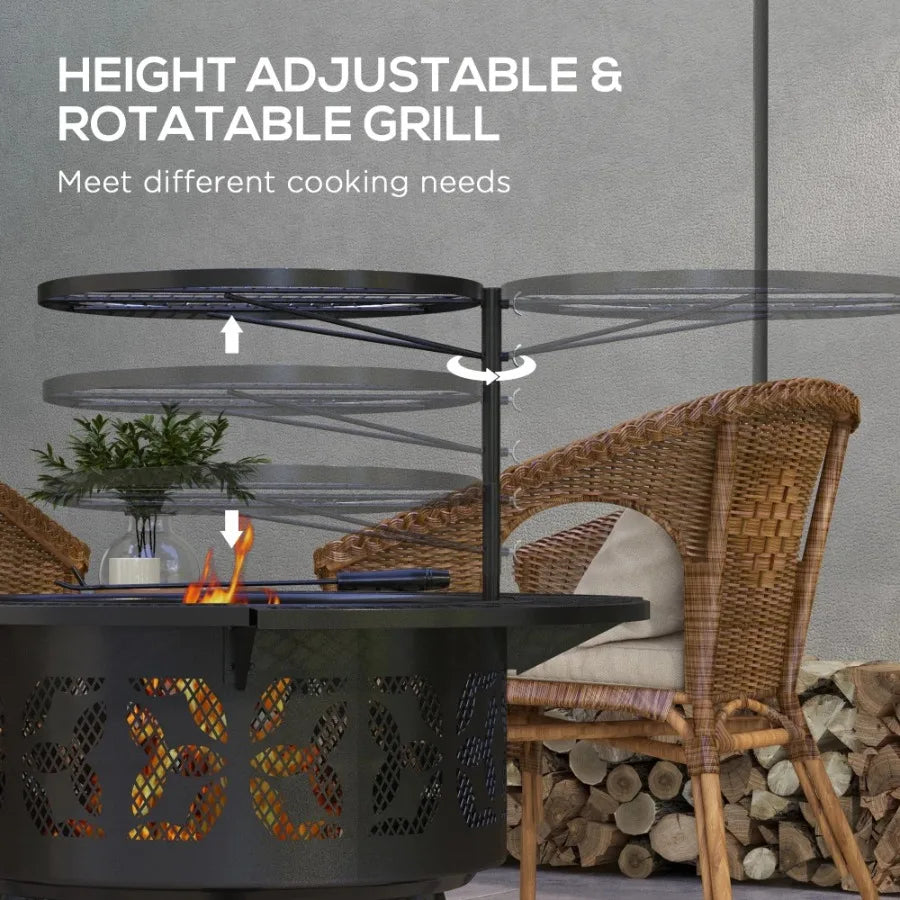 2 In 1 Fire Pit BBQ Grill 33 Portable Wood Burning Firepit with Adjustable Cooking Grate Pan and Poker Camping Bonfire Stove - Cooky Kitchenware