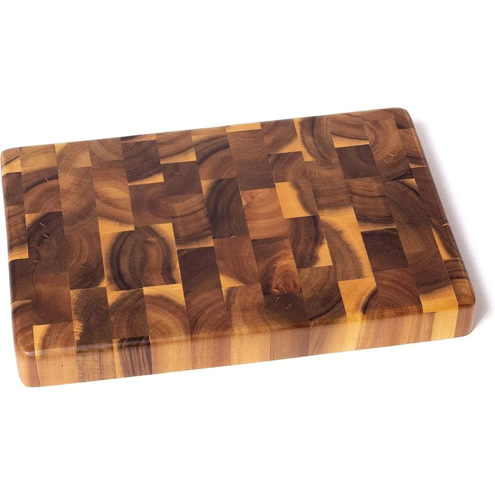 Acacia End Grain Chopping Block Cutting Board with Inset Handles Durable Kitchen Accessory Built-in Groove Easy Handling - Cooky Kitchenware