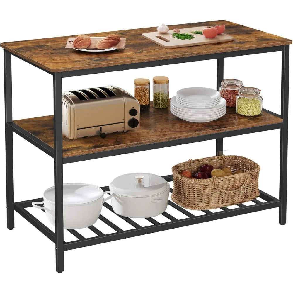 Kitchen Island with 3 Shelves, 47.2 Inches Width Kitchen Shelf with Large Worktop, Stable Steel Structure, Industrial, Easy to - Cooky Kitchenware