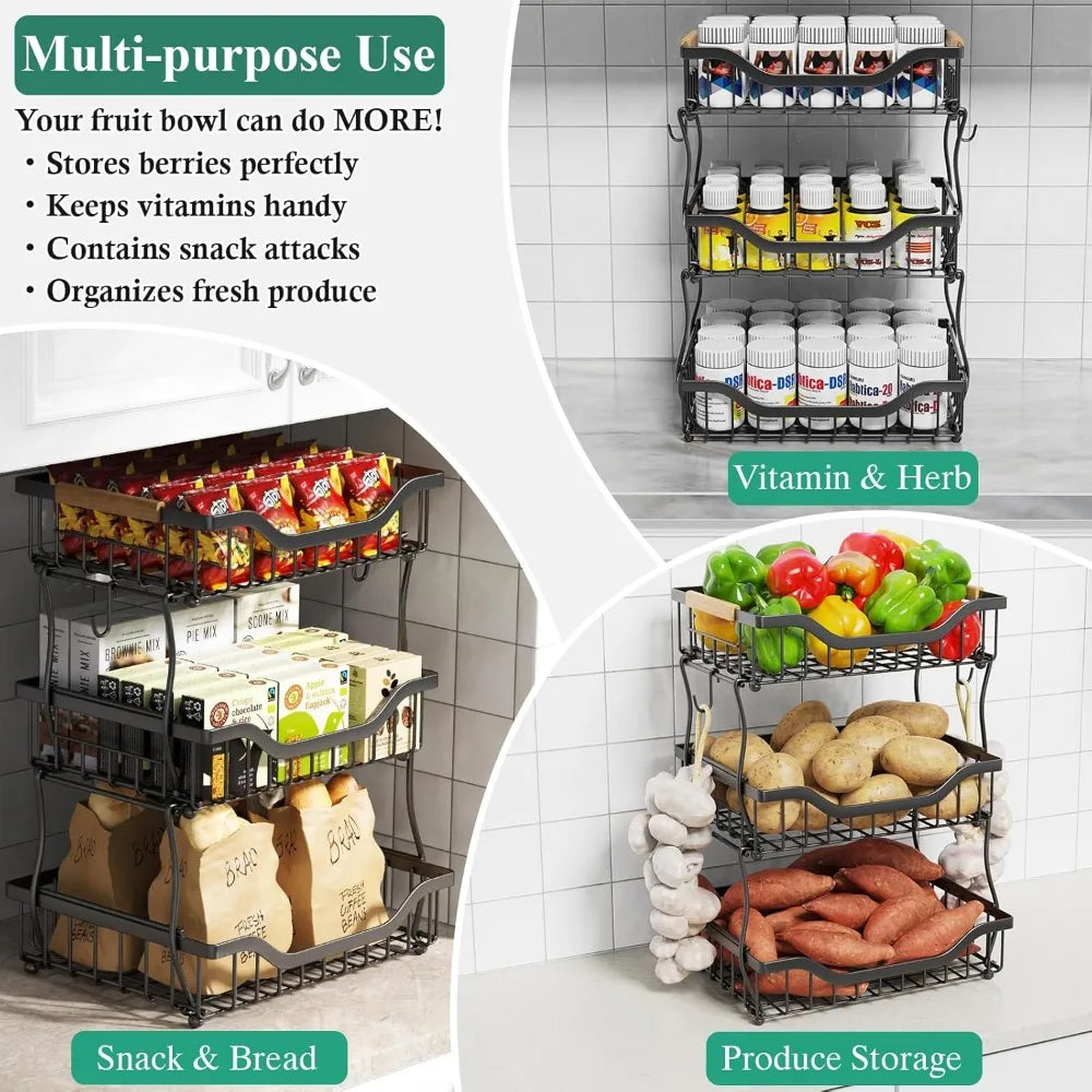 3-Tier Fruit Basket for Kitchen Counter, Wall-Hanging Fruit Bowl and Kitchen Countertop Organizer with 2 Banana Hooks, Fruit Sto - Cooky Kitchenware