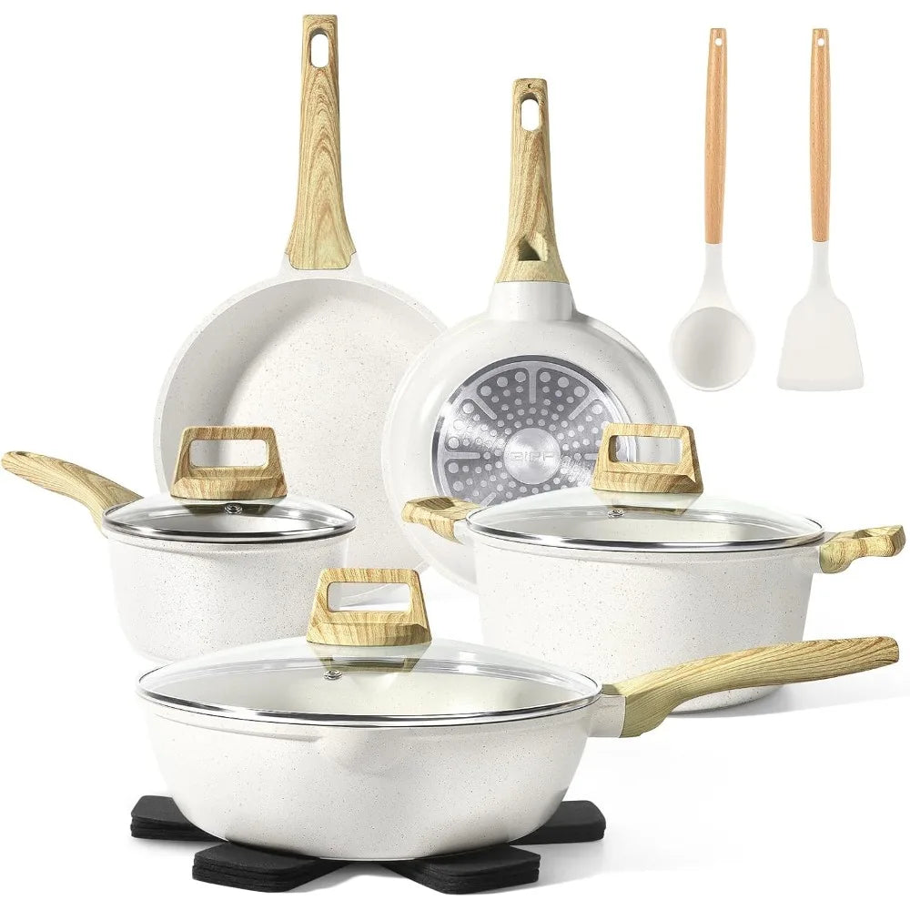 Pots and Pans Set Non Stick - 14 Pcs White Granite Kitchen Cookware Sets Nonstick Induction Cookware Cooking Pan Set - Cooky Kitchenware