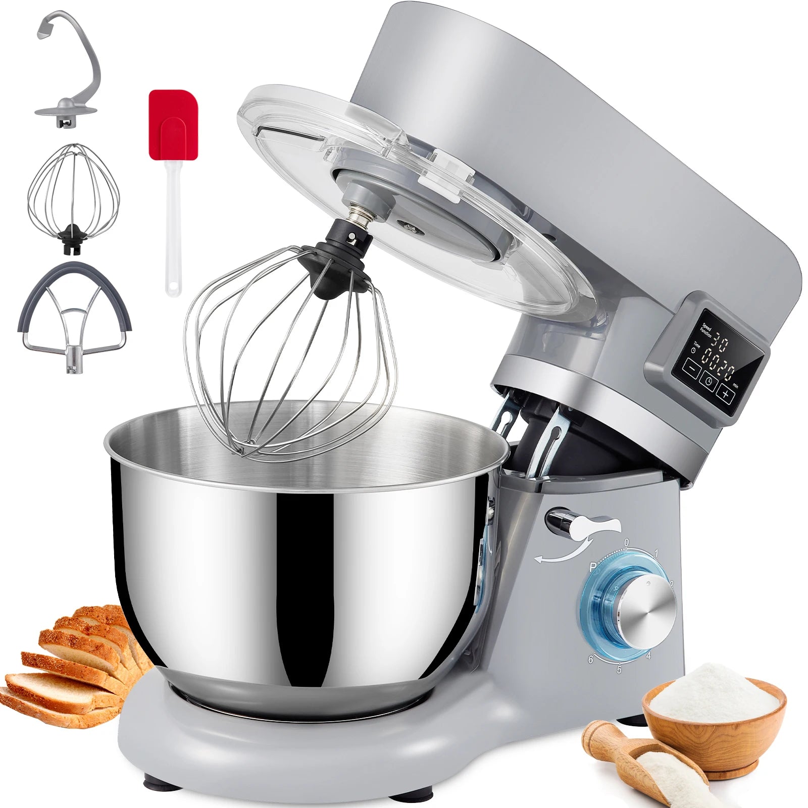 SucceBuy 5.5/7LElectric Stand Mixer with 6Speeds LCD Screen Timing Food Mixer Cream Egg Whisk Whip Dough Kneader With Steel Bowl - Cooky Kitchenware