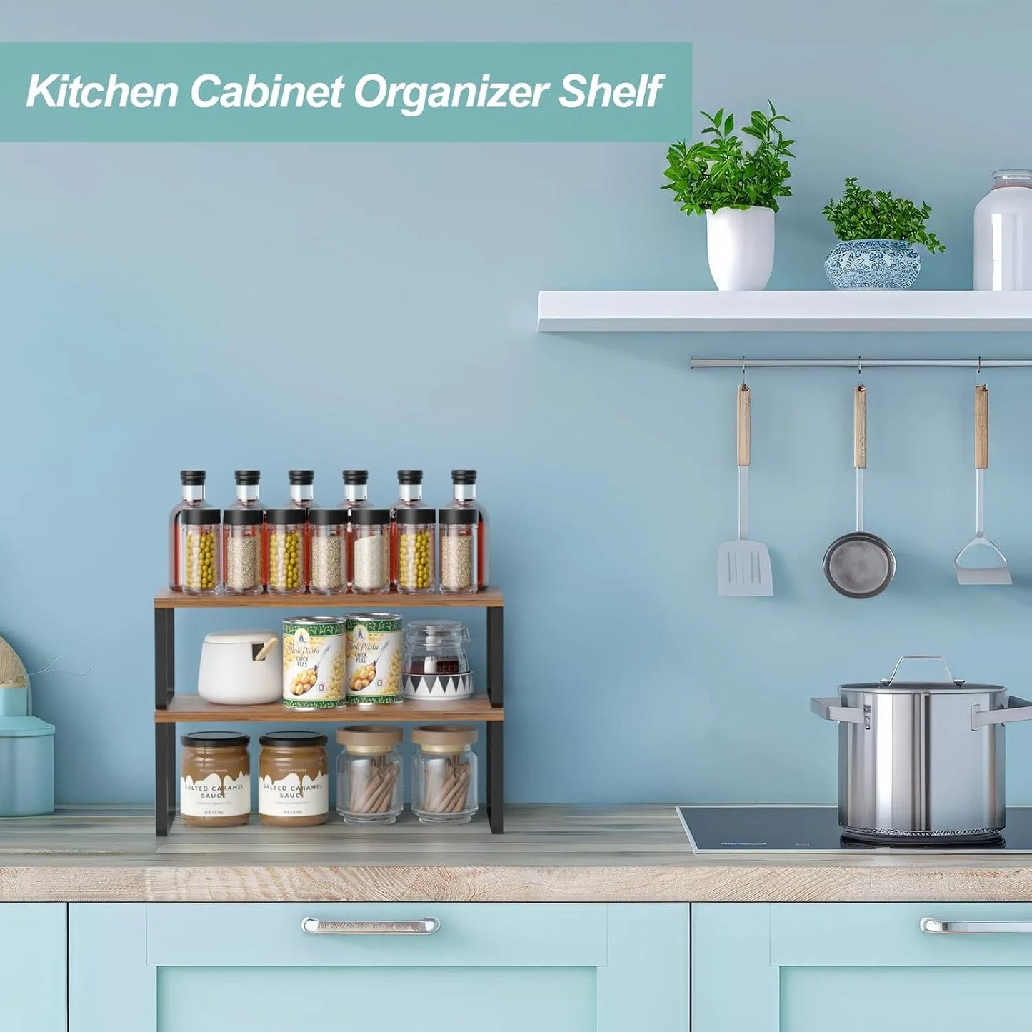 2 Pack Stackable Cabinet Shelf Organizer Expandable Kitchen Pantry Spice Rack for Counter Cupboard Storage Black Brown - Cooky Kitchenware