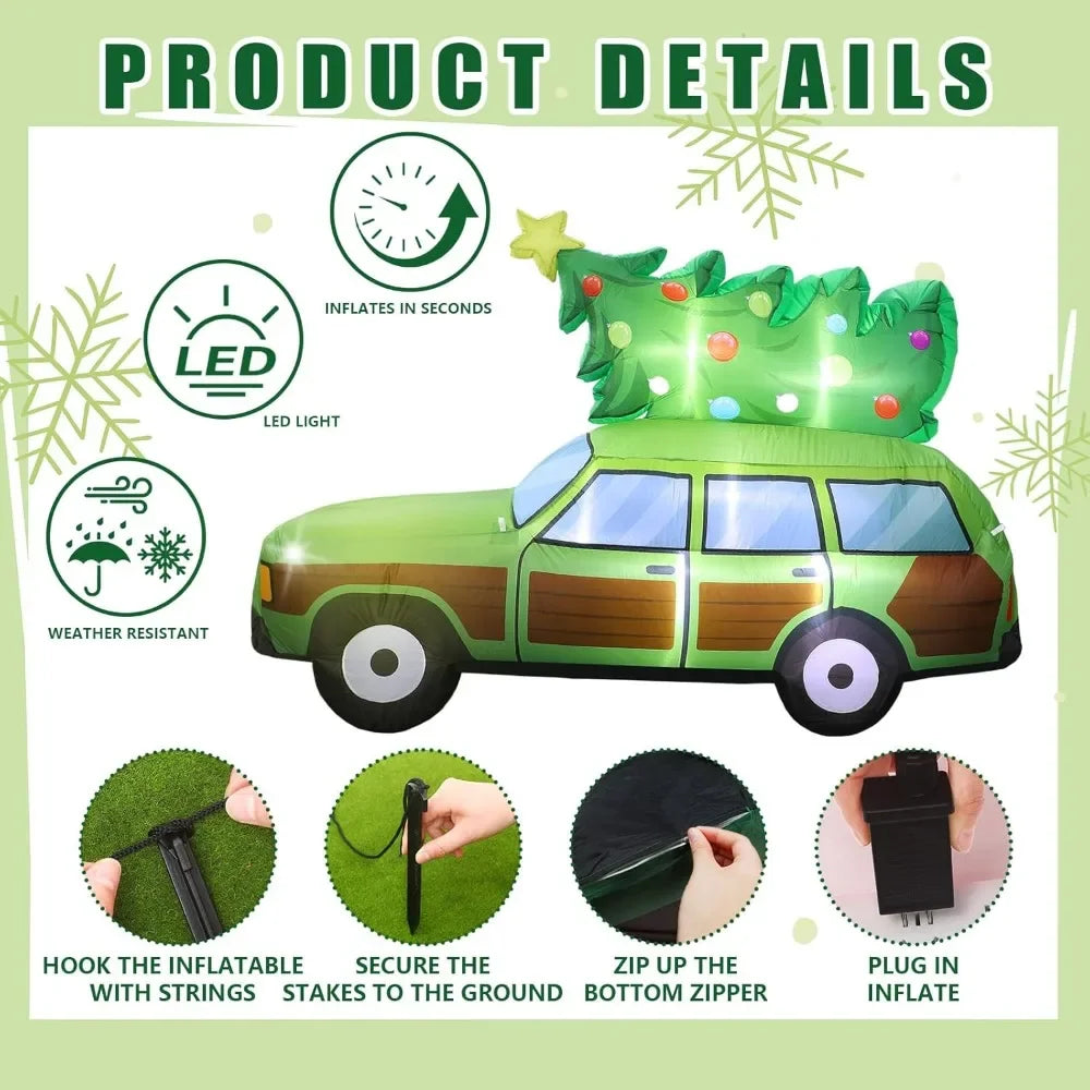 8-Foot Tall Outdoor Christmas Inflatable Wagon with LED Lights and Tree Decoration