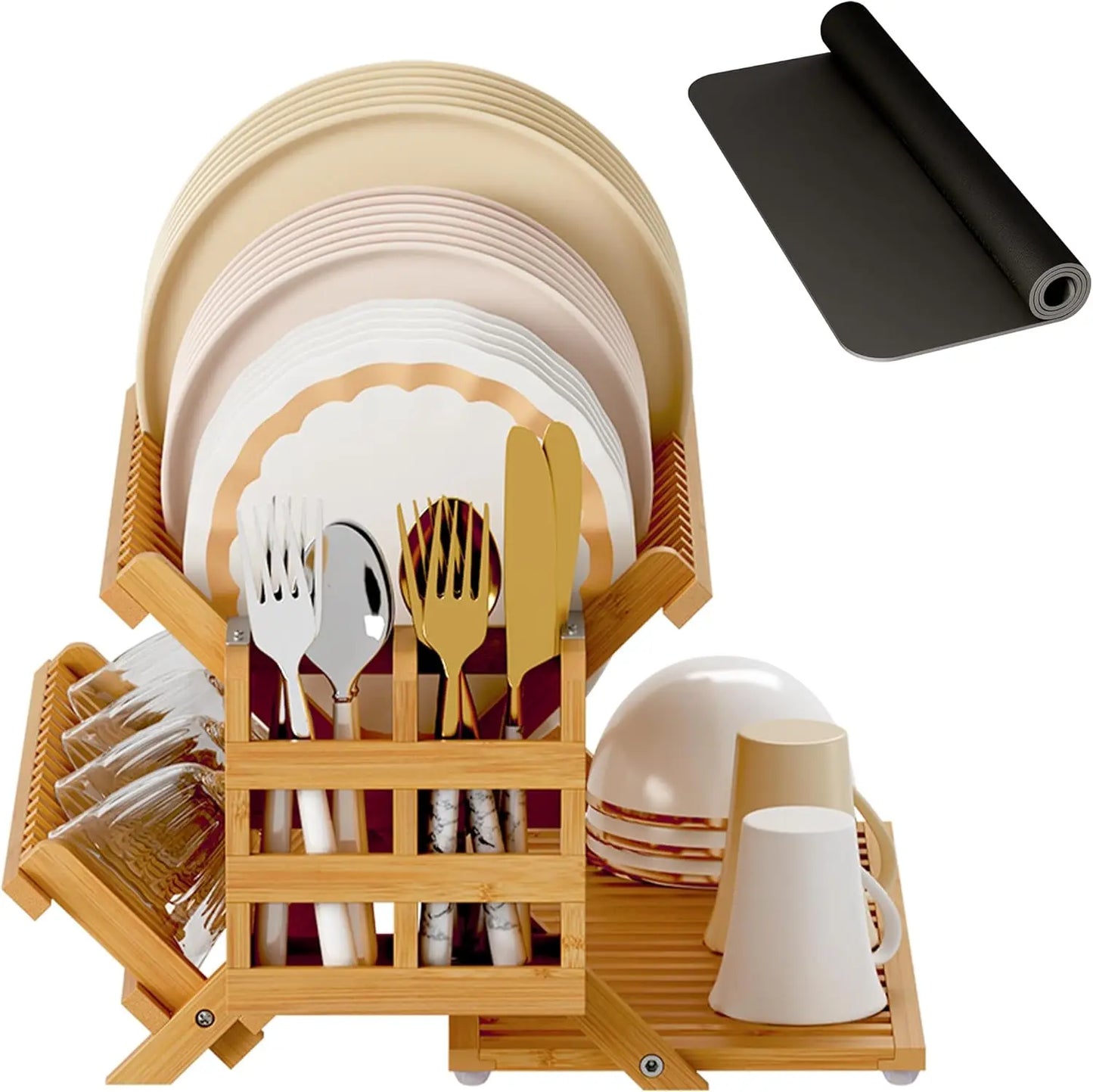 Teak Dish Drying Rack with Utensil Holder, 3 Tier Collapsible Dish Rack, Wooden Dish Racks for Kitchen Counter - Cooky Kitchenware