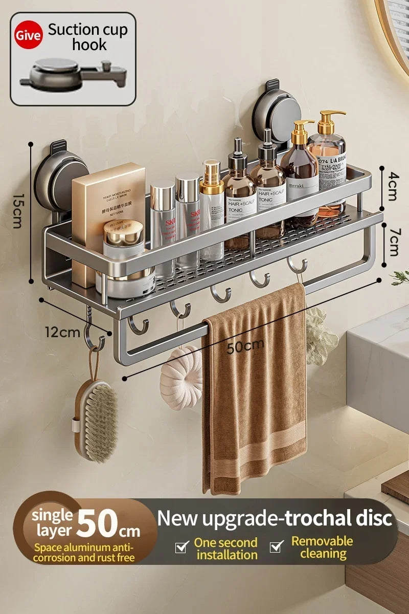 Suction Cup Mount Bathroom Shelf with Towel Holder Removable Hooks No Drill Hanging Bath Room Basket Shampoo Storage Rack Tray - Cooky Kitchenware