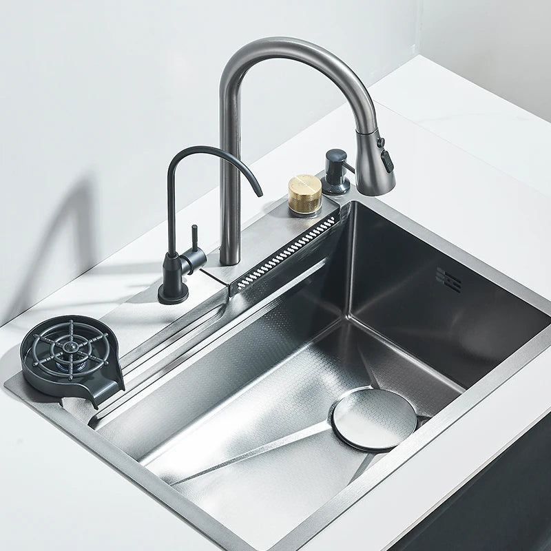 304Stainless Steel Waterfall Kitchen Sink Large Single Slot Integrated 60X45cm Faucet Set Soap Dispenser/Pure Water/Cup Washer - Cooky Kitchenware
