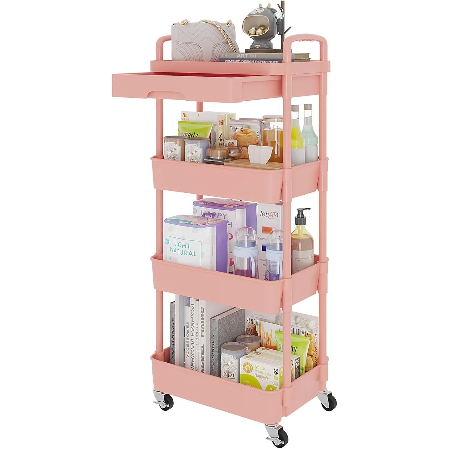 4 Tier Rolling Utility Cart with Drawer Multifunctional Storage Organizer Plastic Shelf and Metal Wheel Pink - Cooky Kitchenware