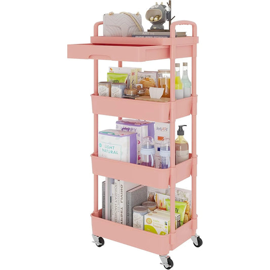 4 Tier Rolling Utility Cart with Drawer Multifunctional Storage Organizer Plastic Shelf and Metal Wheel Pink - Cooky Kitchenware